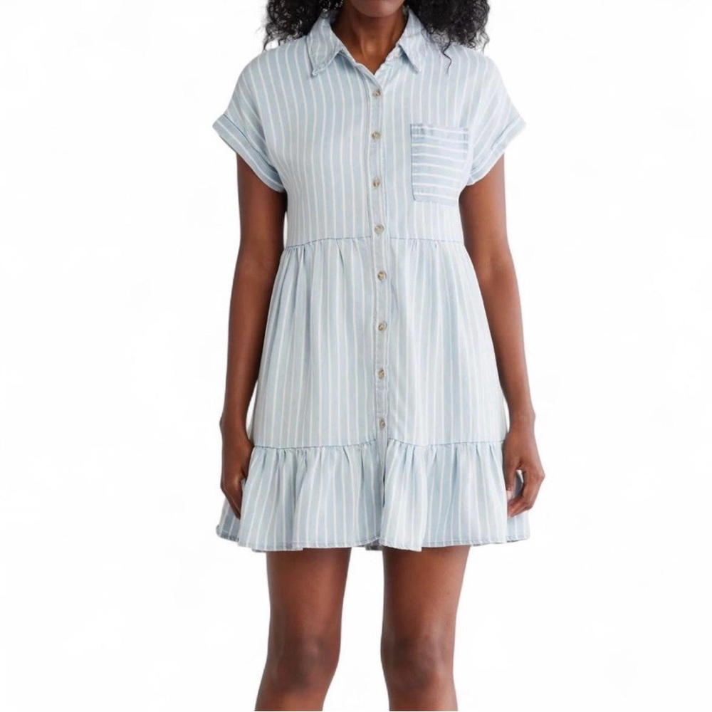 Blu Pepper Chambray Stripe Babydoll Shirt Dress Ruffle Hem Mini Size S